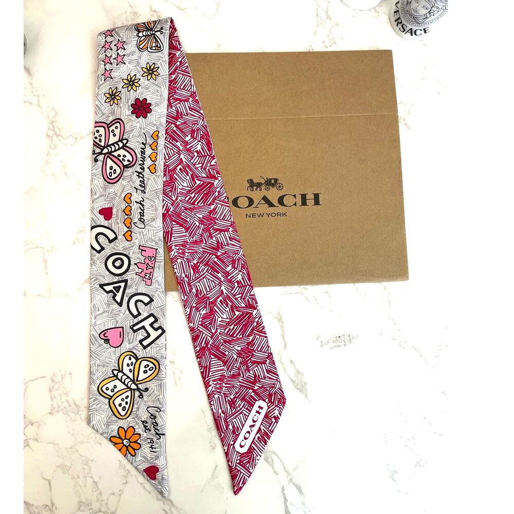 Coach 100% Silk Multi-Color "Doodle Sketch" Novelty Print Bandeau with Box NWOT - Picture 3 of 8